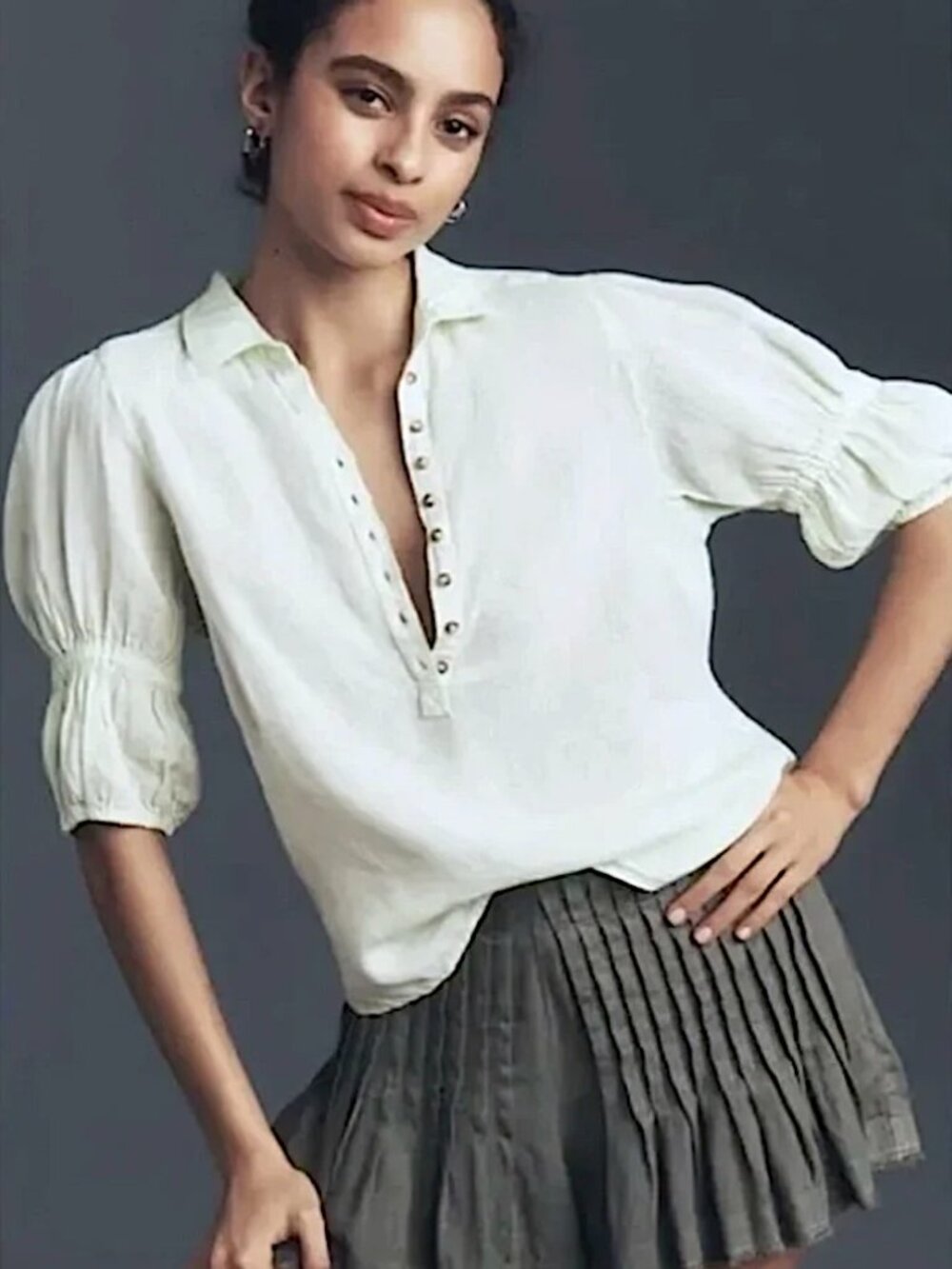 ANTHROPOLOGIE Pilcro Tallulah Double Puff Sleeve Linen Blouse XS White - Picture 4 of 14